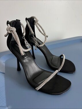 Jonathan Simkhai dalton crystal knot open toe sandal heels black and silver 37